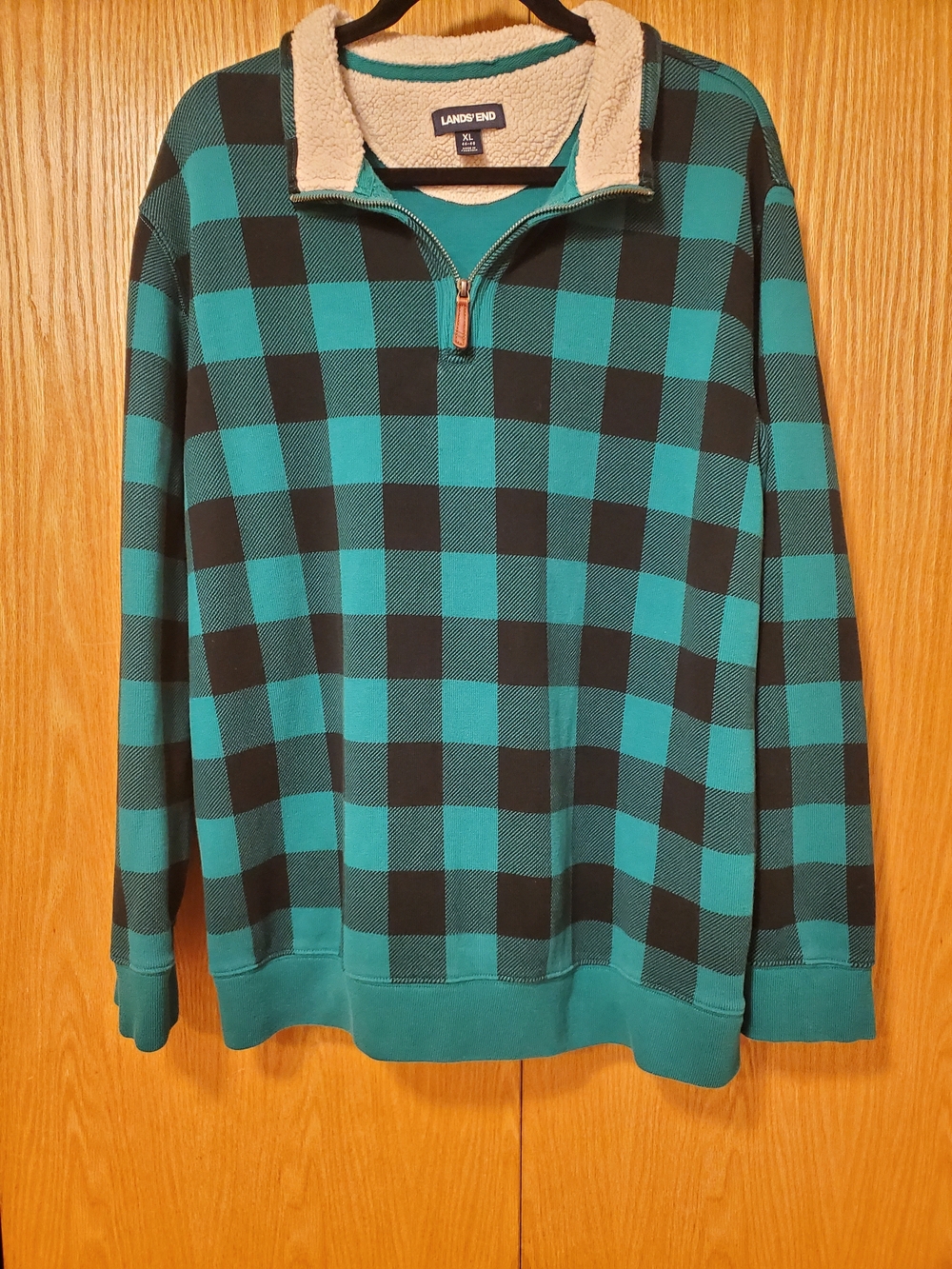 Lands' End Men's Green and Black Buffalo Check Quarter-Zip Pullover